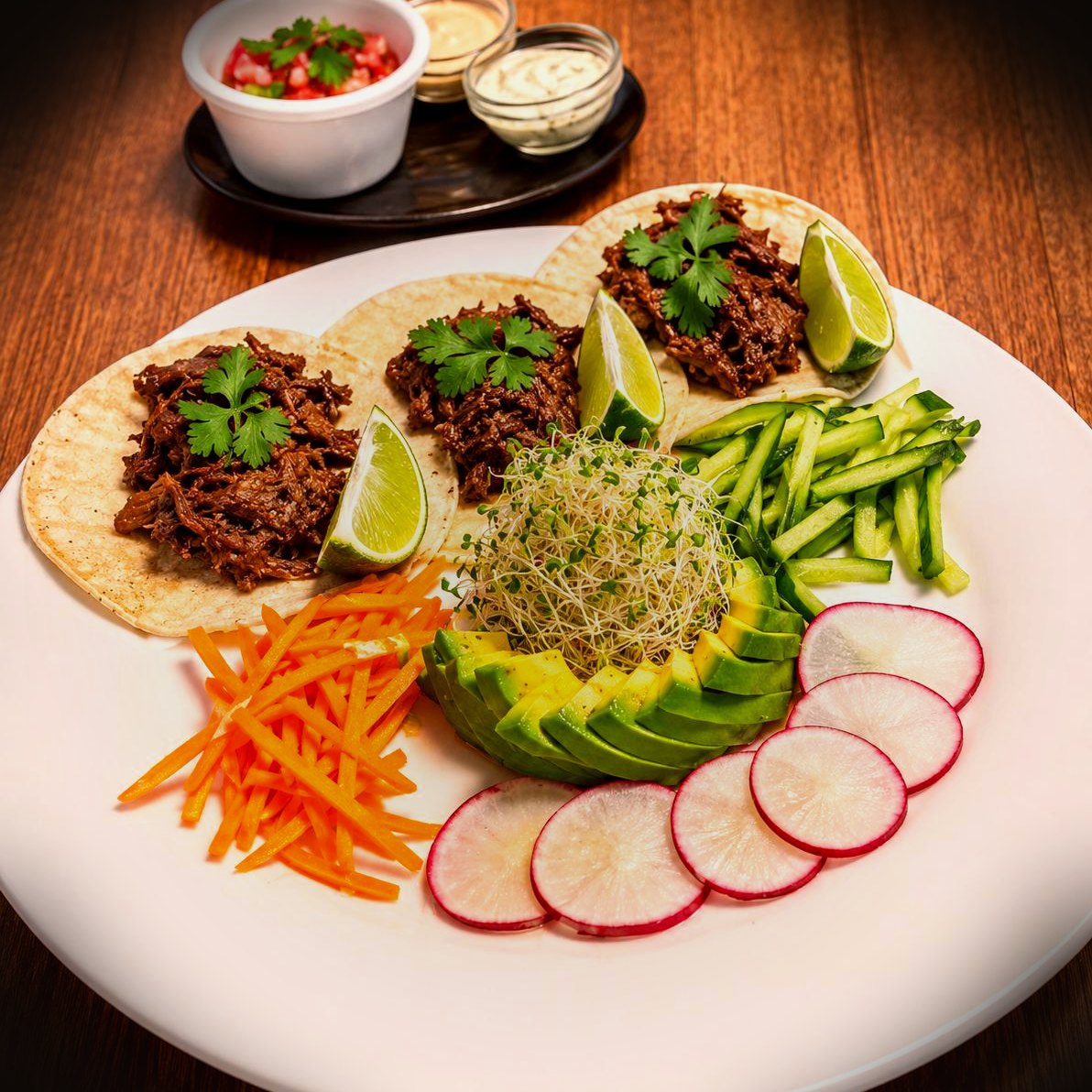 Slow-braised shredded beef tacos with avocado, radish, and lime