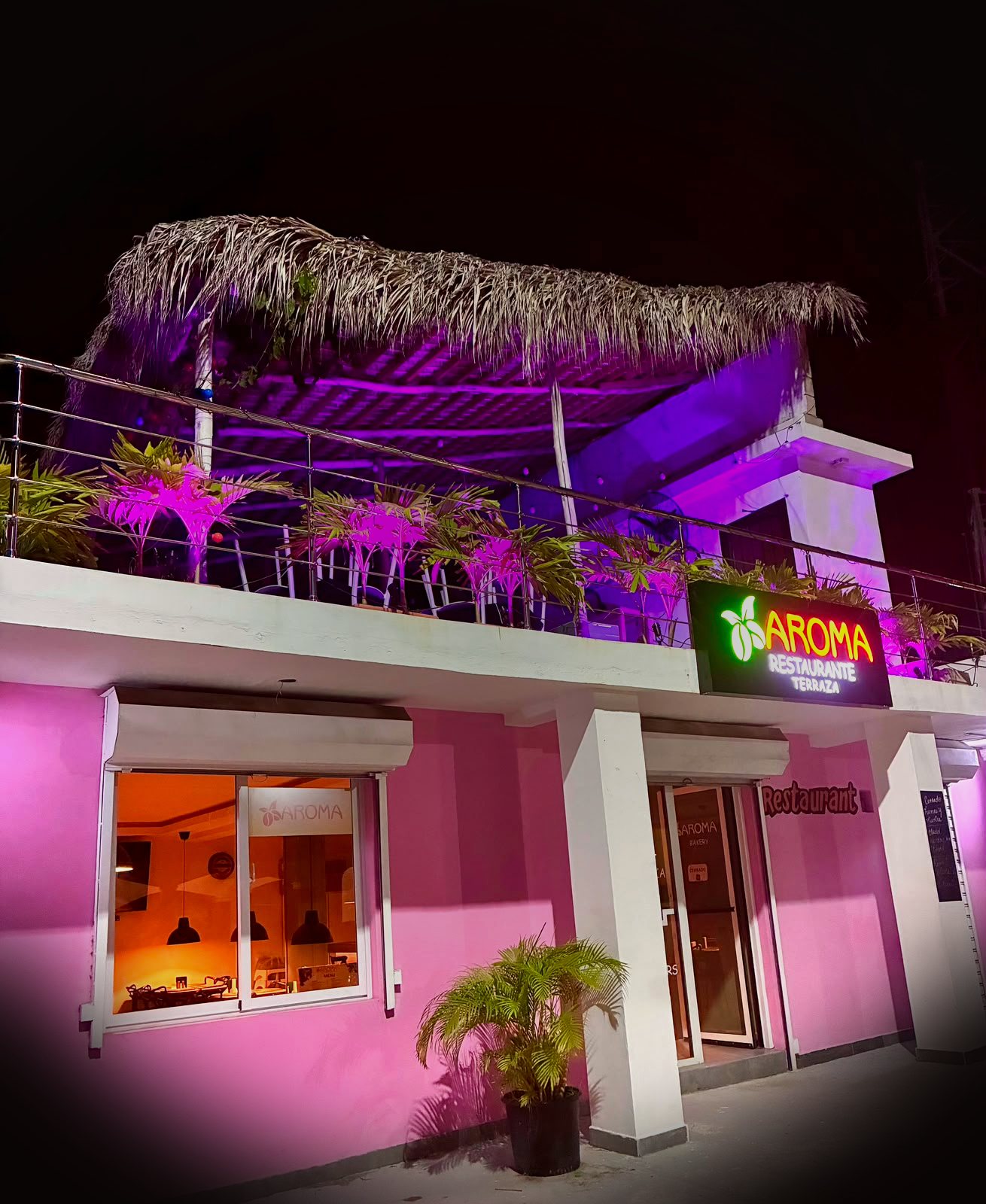 Aroma storefront glowing purple and pink at night